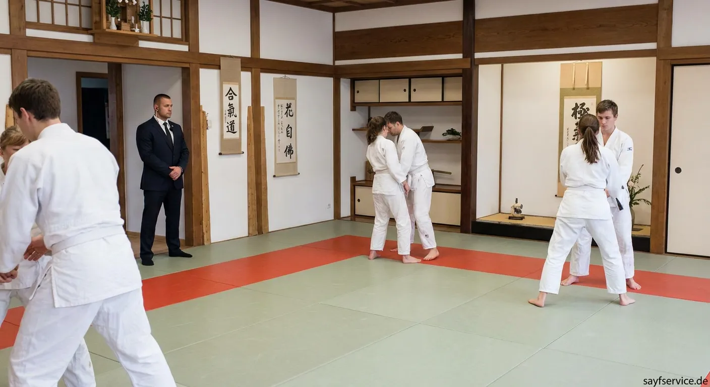 Sicherheitskraft kontrolliert Zugang zum Aikido-Dojo während der Bewachung