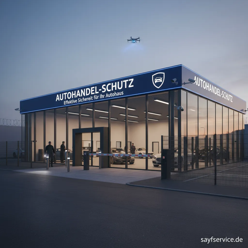 Modernes Autohaus bei Nacht, gesichert durch professionellen Autohandel-Schutz.