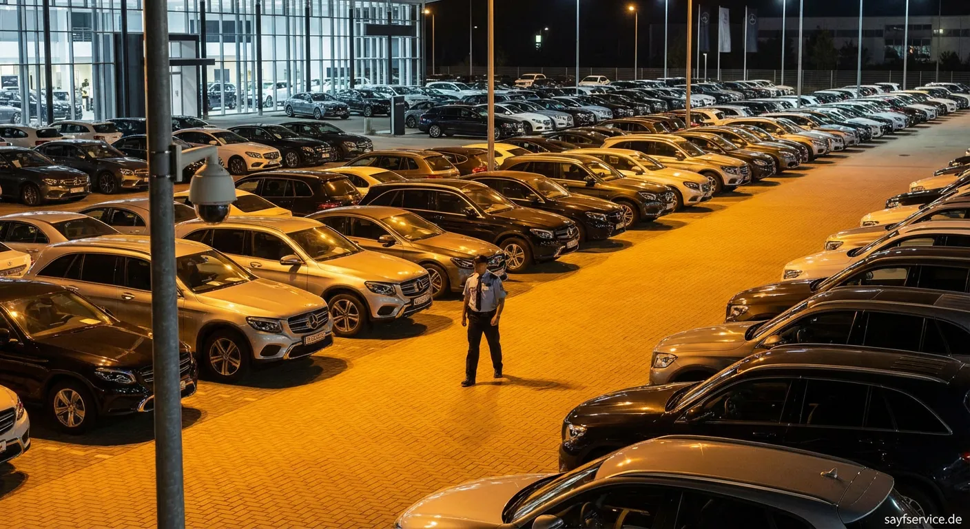 Sicherheitsmitarbeiter überwacht ein Autohaus bei Nacht