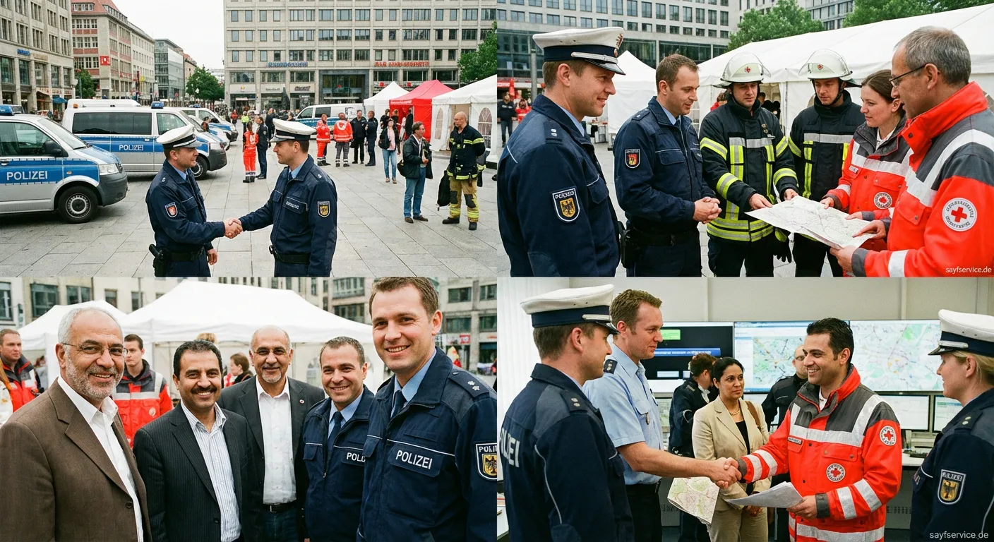 Sicherheitsmitarbeiter im Gespräch mit Bundespolizisten am Flughafen