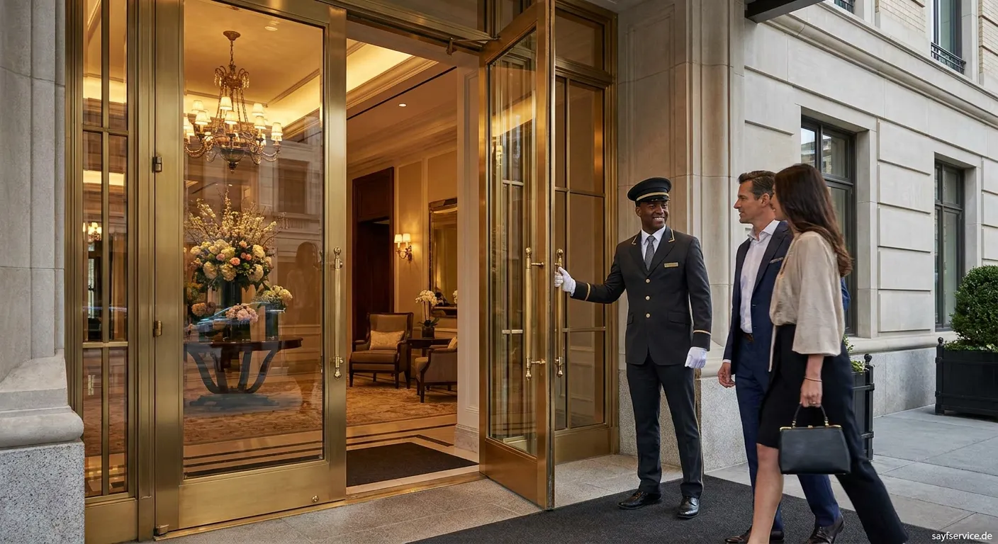 Professioneller Doorman vor moderner Luxuswohnanlage