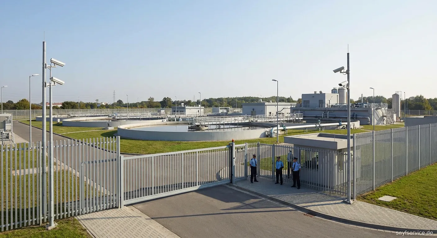 Sicherheitszaun und Überwachungskamera vor den Klärbecken einer Abwasserreinigungsanlage
