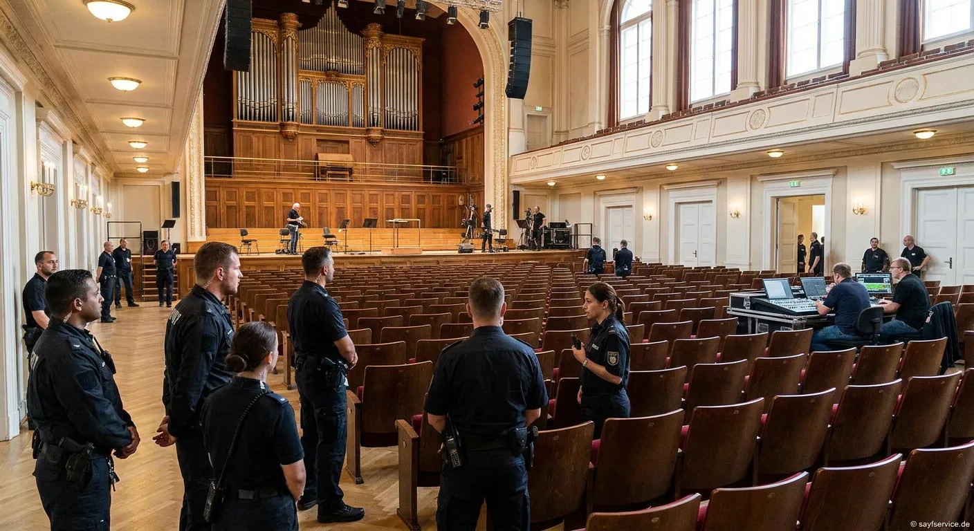 Security-Personal überwacht Eingangsbereich eines Konzerthauses