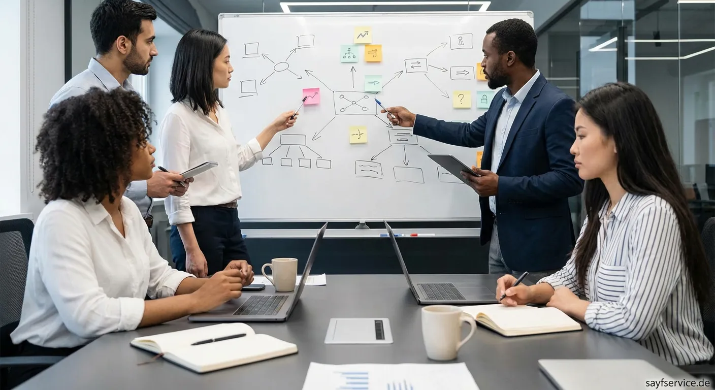 Team bei der Besprechung um Krisenmanagement-Pläne zu erstellen