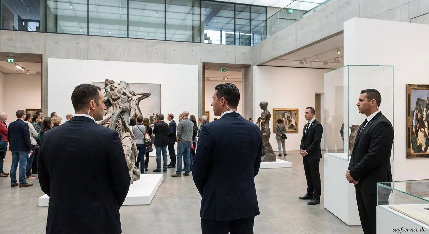 Sicherheitsmitarbeiter in einer Kunsthalle beobachtet diskret die Besucher vor einem Gemälde