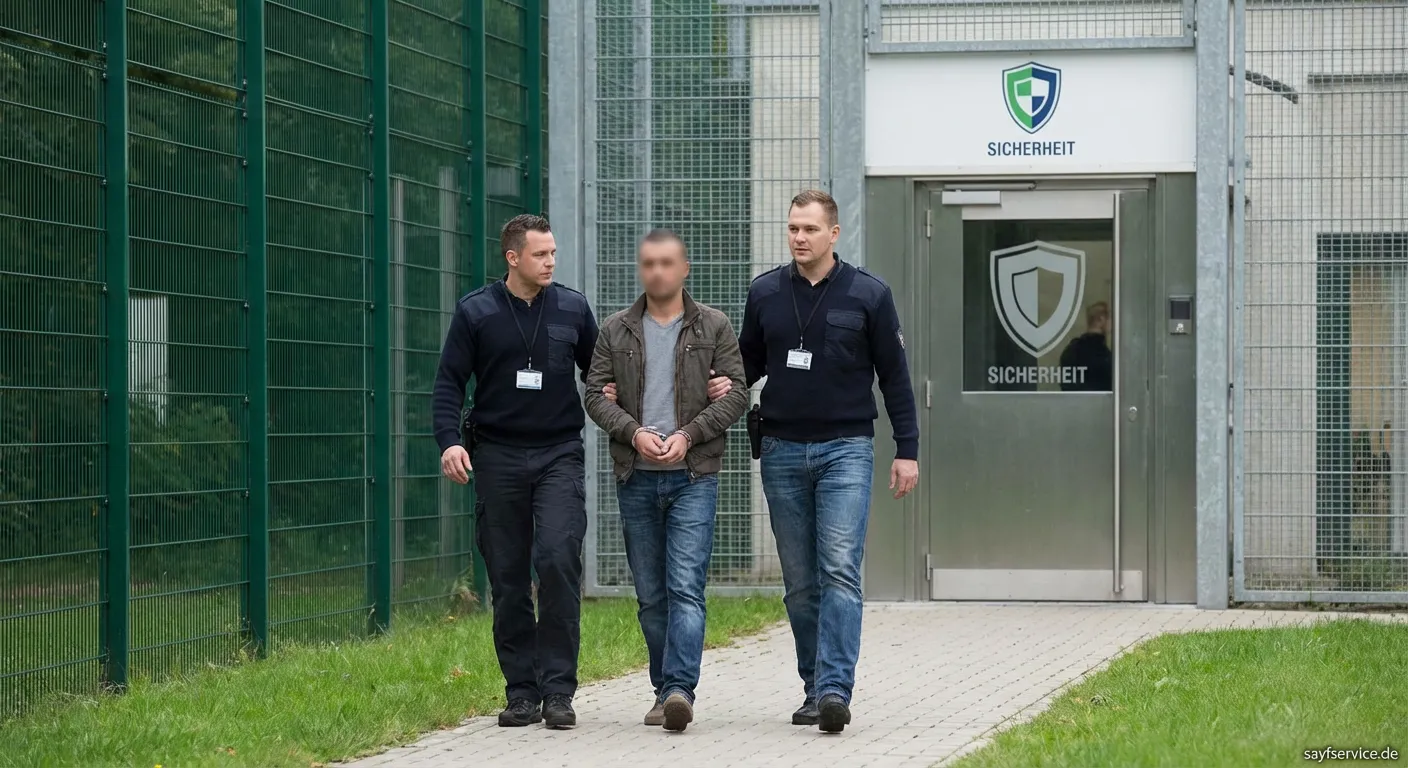 Sicherheitsmitarbeiter begleitet Patient im Maßregelvollzug