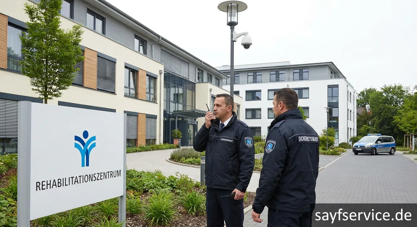 Sicherheitspersonal vor einer Reha-Klinik bei der Bewachungsarbeit