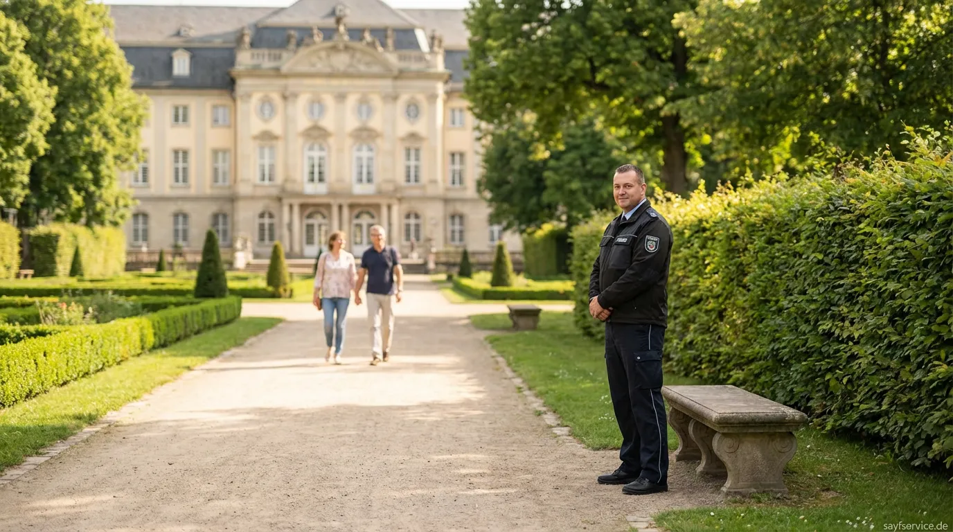 Sicherheitspersonal überwacht historische Schlossgarten-Parkanlage bei Nacht