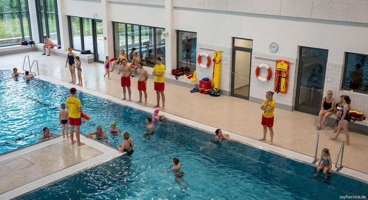 Sicherheitsmitarbeiter leistet Schwimmhalle-Unterstützung am Beckenrand