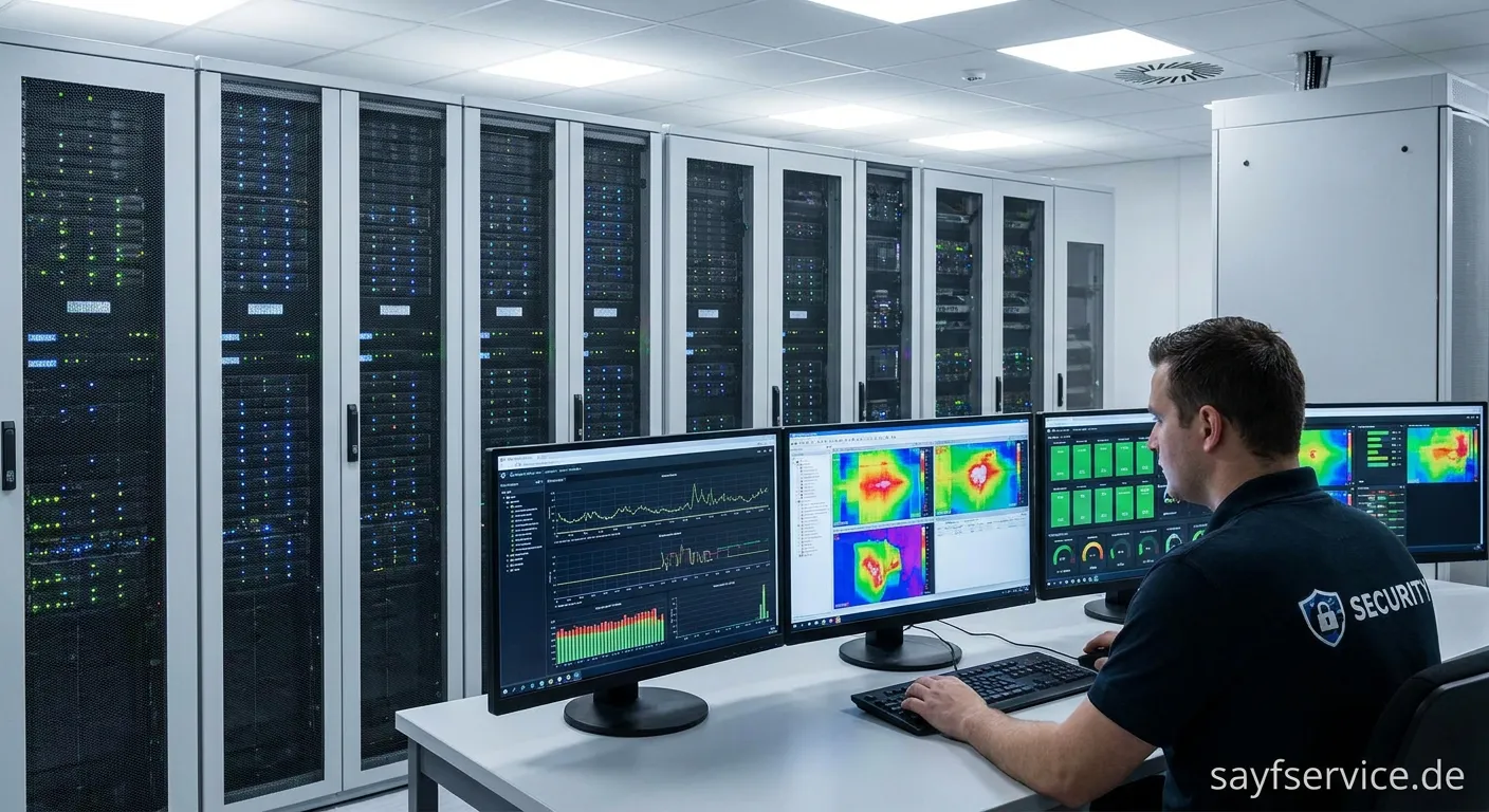 Moderne Überwachungsanlage in einem professionellen Serverraum mit Klimakontrolle und Sicherheitssystemen