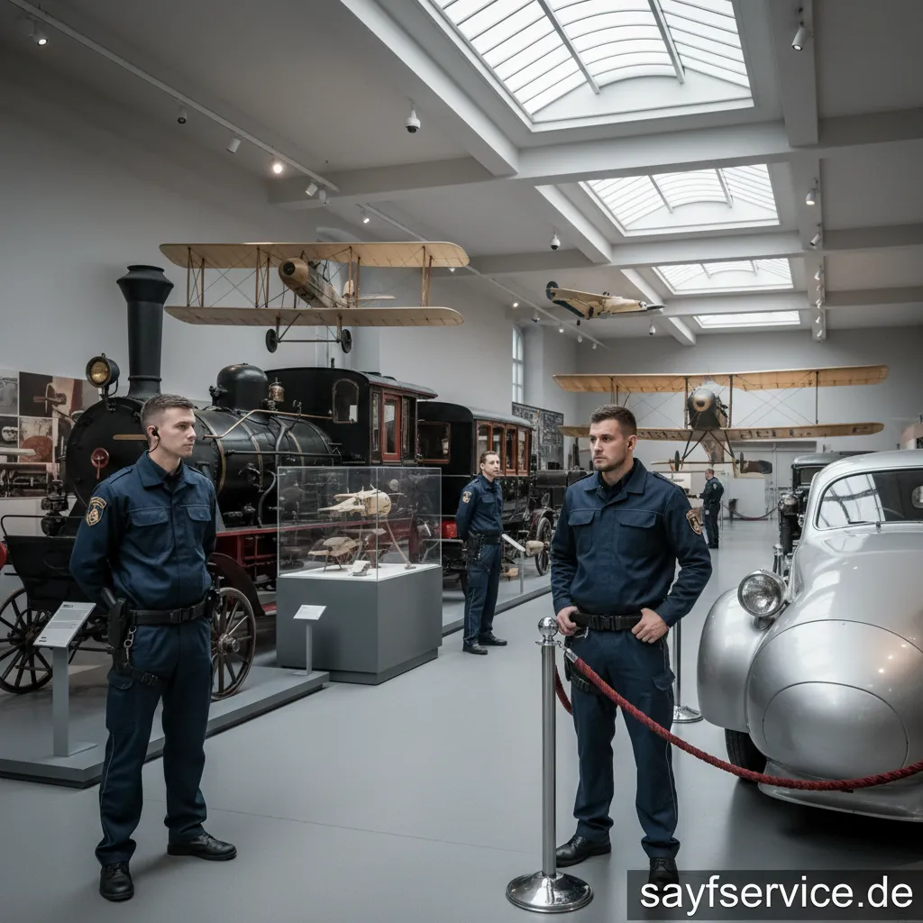 Sicherheitsbeamter in einer Ausstellungshalle eines Verkehrsmuseums